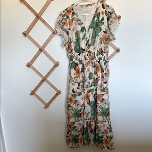 Baltic Born Green and Orange V-Neck Flutter Sleeve Midi Dress